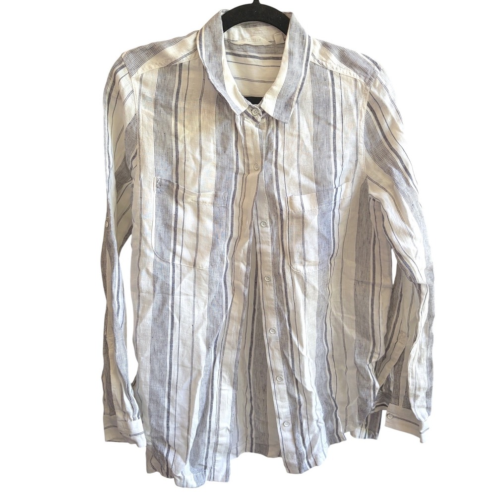 Athleta White Blue Linen Striped Button Down Shirt Long Sleeve Small